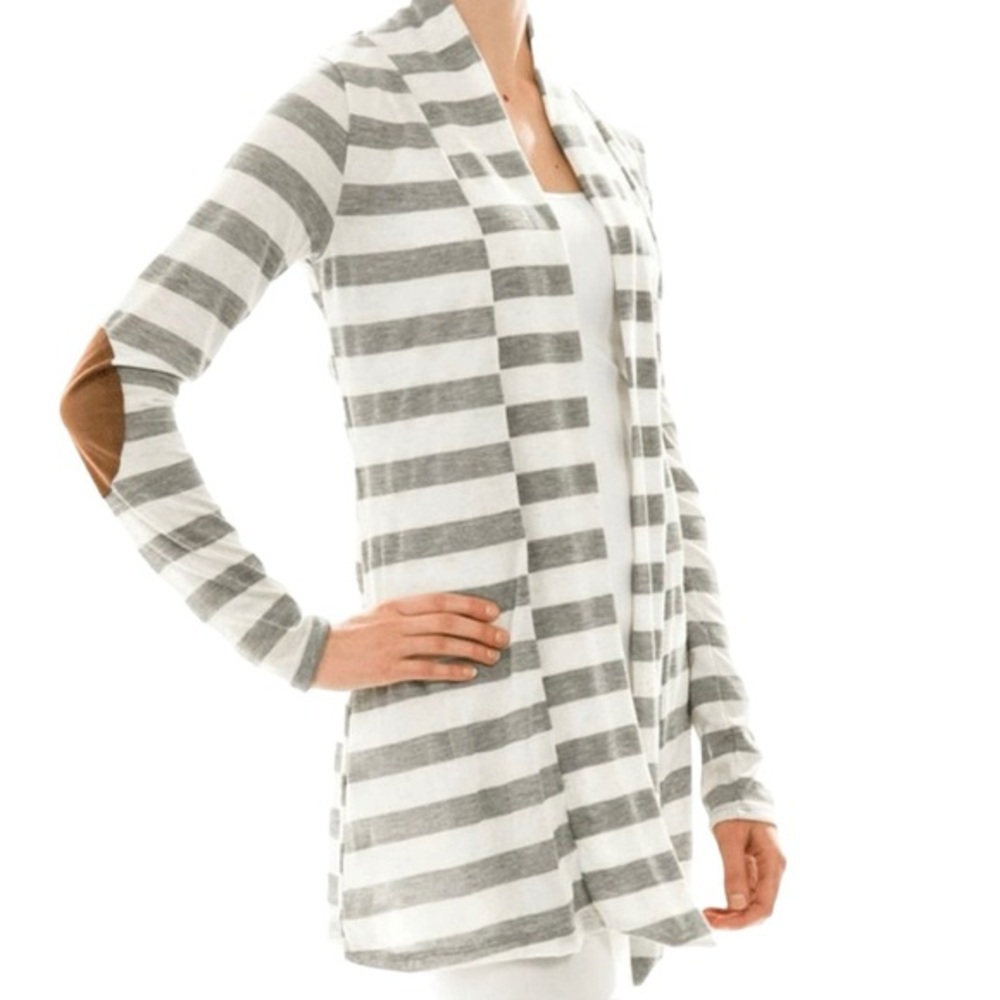 Always Me Gray White Striped Cardigan Brown Suede Elbow Patch Open Front M